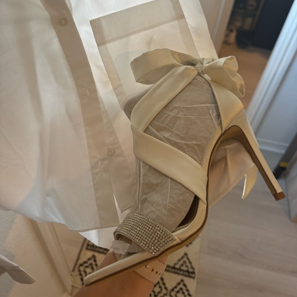 Gianni Bini Cream Satin Heels with Rhinestone Strap - Picture 12 of 14